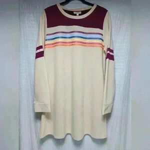 Umgee Cream Tunic Dress with Burgundy Yoke and Multicolor Stripes
